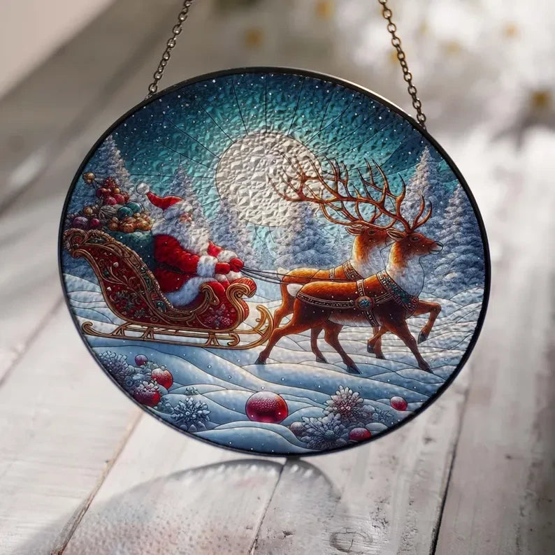 Santa Claus On Christmas Eve Glass Suncatcher, Elk Glass, Christmas Landscape Hanging, Santa Claus Suncatcher, Christmas Gift