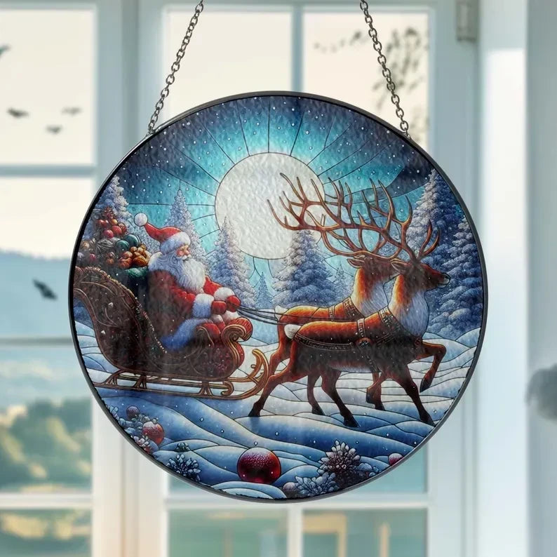 Santa Claus On Christmas Eve Glass Suncatcher, Elk Glass, Christmas Landscape Hanging, Santa Claus Suncatcher, Christmas Gift