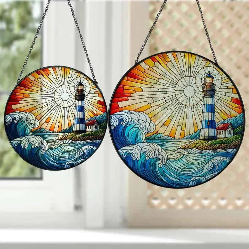 Lighthouse Sunset Glass Suncatcher, Sunset Suncatcher, Lighthouse Suncatcher, Home Decoration, Landscape Glass Hanging