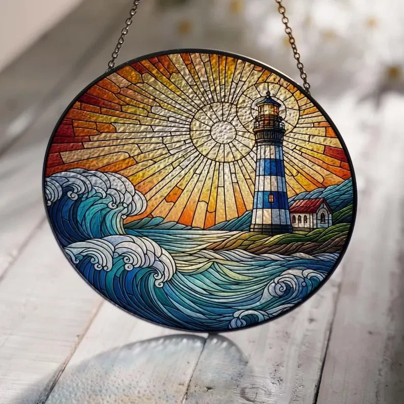 Lighthouse Sunset Glass Suncatcher, Sunset Suncatcher, Lighthouse Suncatcher, Home Decoration, Landscape Glass Hanging