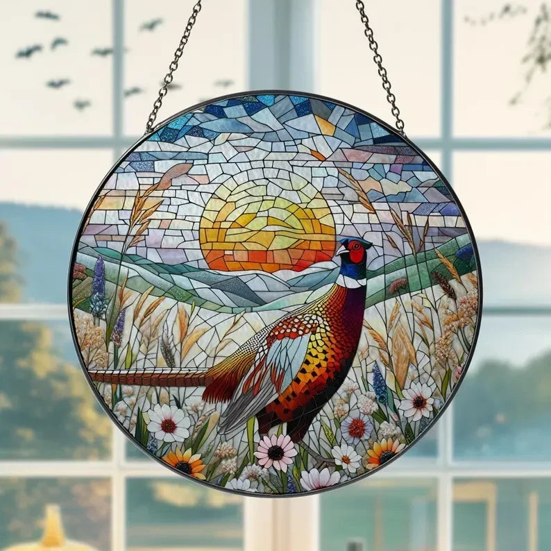 Glass Pheasant Sunset Landscape Hanging, Pheasant Gift, Wildflower Field Glass, Hunting Gift, Pheasant Suncatcher, Gift For Him