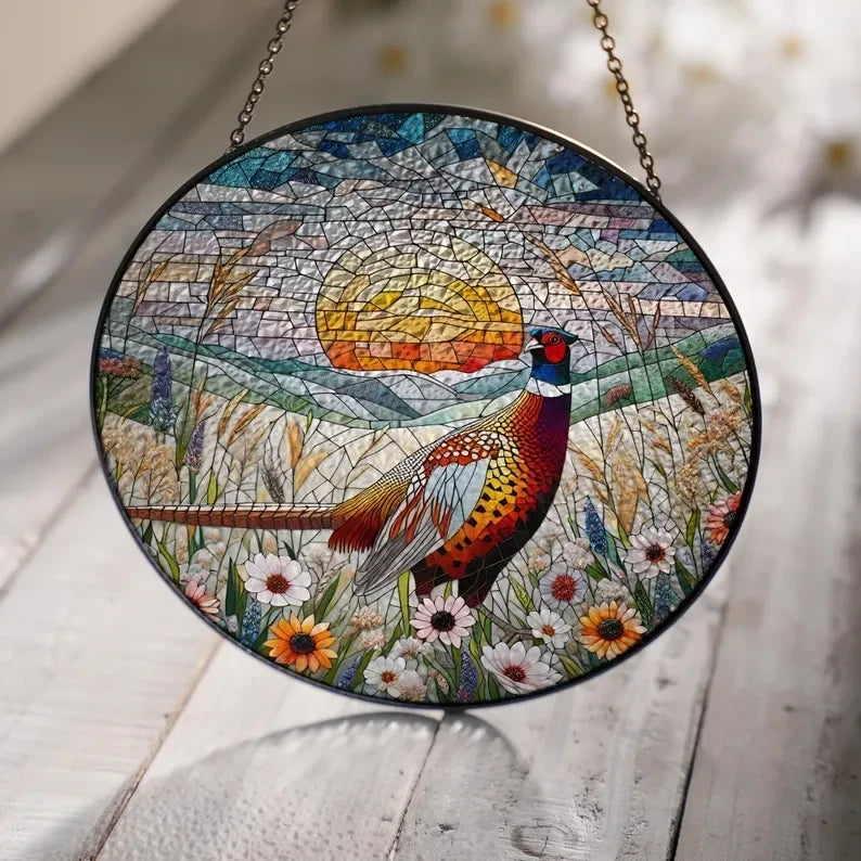 Glass Pheasant Sunset Landscape Hanging, Pheasant Gift, Wildflower Field Glass, Hunting Gift, Pheasant Suncatcher, Gift For Him
