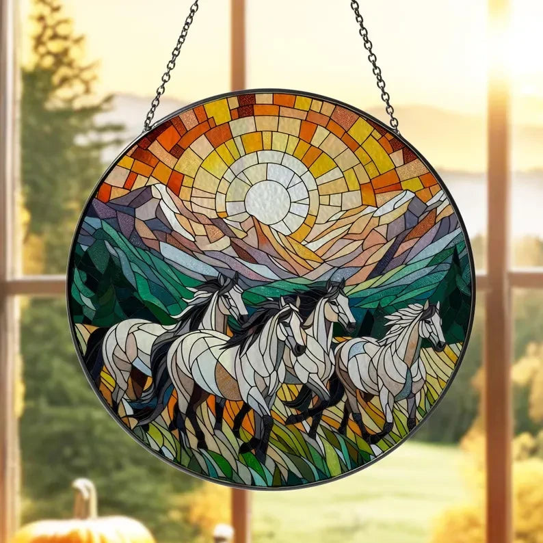 Glass Herd Of Horse Suncatcher Window Hanging, Horse Lover Gift, Sunset Landscape, Farmhouse Sign, Horse Mom Gift, Mountain Range
