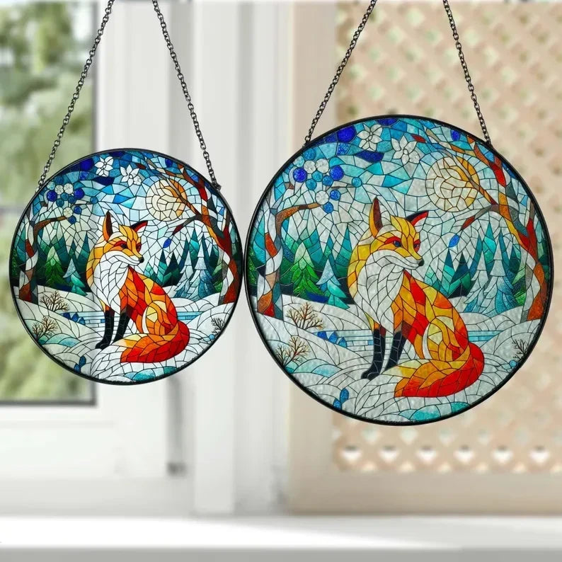 Fox In Winter Landscape Glass Window Hanging, Fox Glass Suncatcher Ornament, Fox Lover Gift, Christmas Gift, Christmas Hanging, Gift For Her