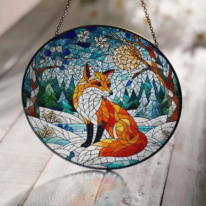 Fox In Winter Landscape Glass Window Hanging, Fox Glass Suncatcher Ornament, Fox Lover Gift, Christmas Gift, Christmas Hanging, Gift For Her