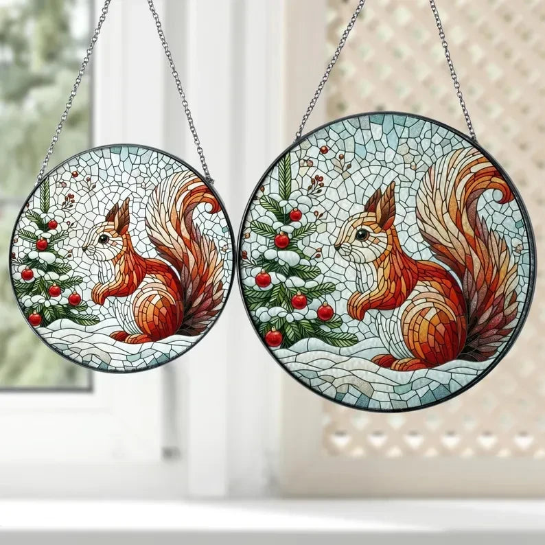 Squirrel N Christmas Tree Glass Suncatcher, Winter Landscape Suncatcher, Squirrel Suncatcher, Squirrel Lover Gift, Christmas Gift
