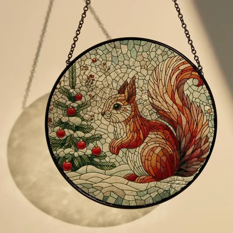 Squirrel N Christmas Tree Glass Suncatcher, Winter Landscape Suncatcher, Squirrel Suncatcher, Squirrel Lover Gift, Christmas Gift