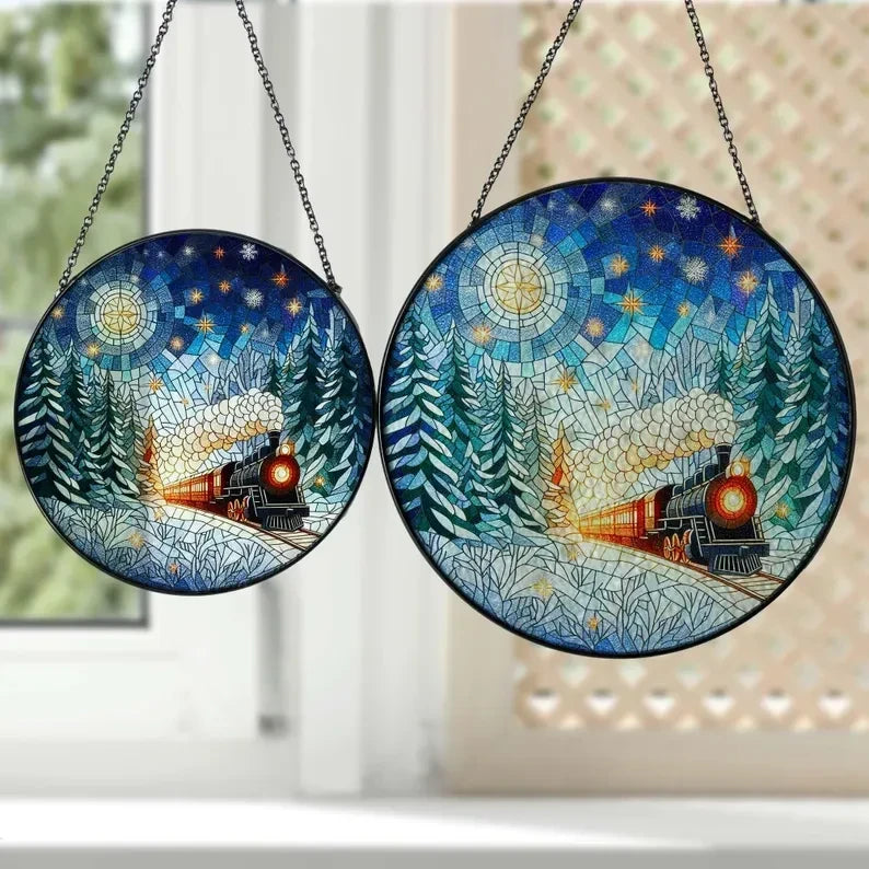 Winter Train Glass Suncatcher, Winter Landscape Suncatcher, Christmas Night Suncatcher, Starry Night Suncatcher, Merry Christmas, Home Decor