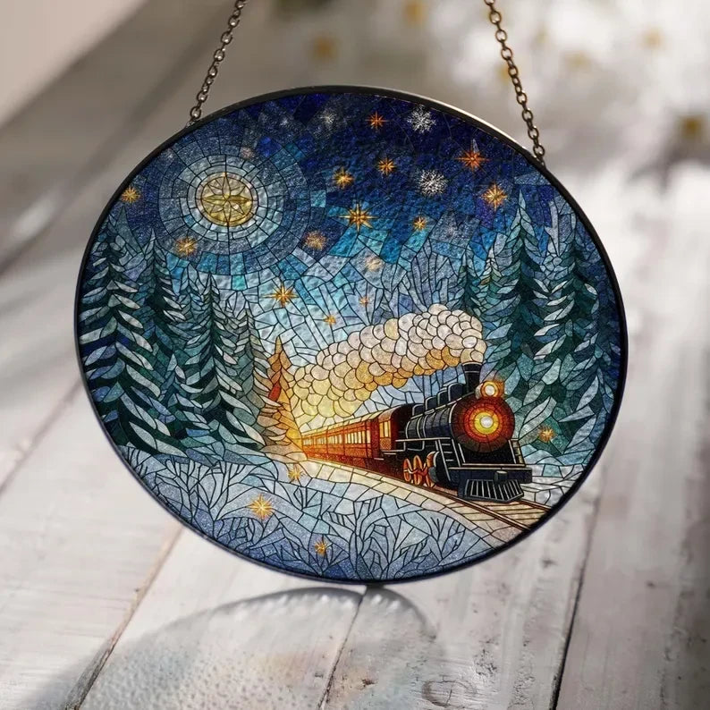 Winter Train Glass Suncatcher, Winter Landscape Suncatcher, Christmas Night Suncatcher, Starry Night Suncatcher, Merry Christmas, Home Decor