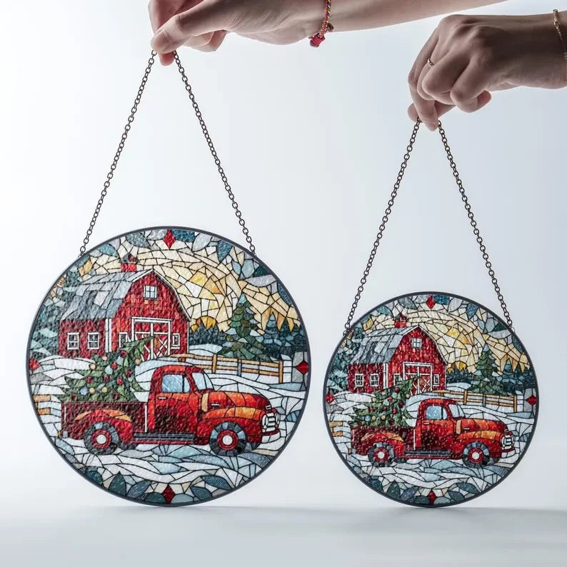 Christmas Farm Truck Glass Suncatcher, Winter Landscape Suncatcher, Farm House Decor, Merry Christmas, Home Decor, Gift For Mom