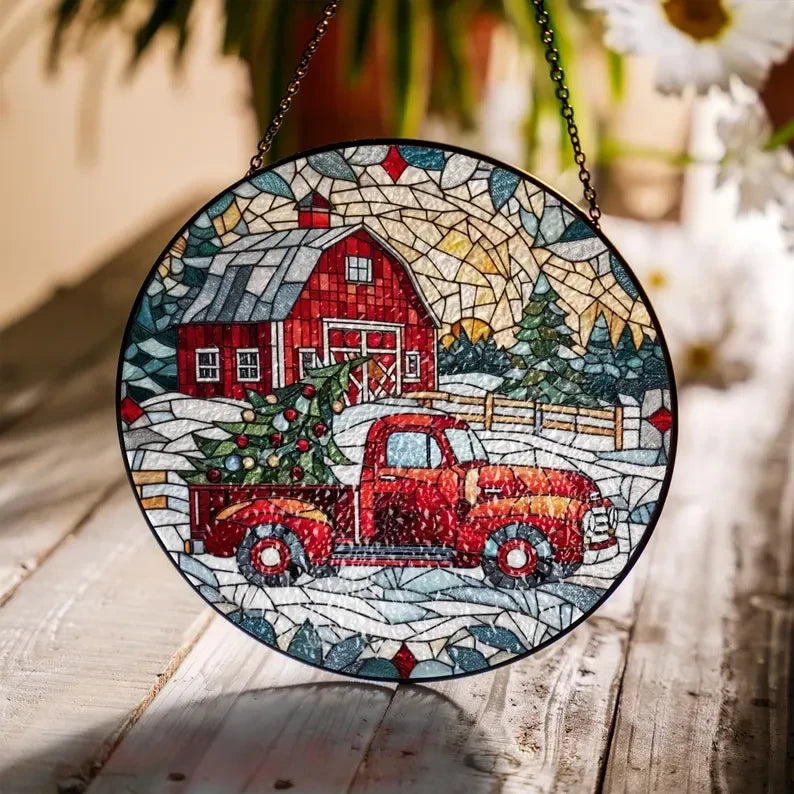 Christmas Farm Truck Glass Suncatcher, Winter Landscape Suncatcher, Farm House Decor, Merry Christmas, Home Decor, Gift For Mom
