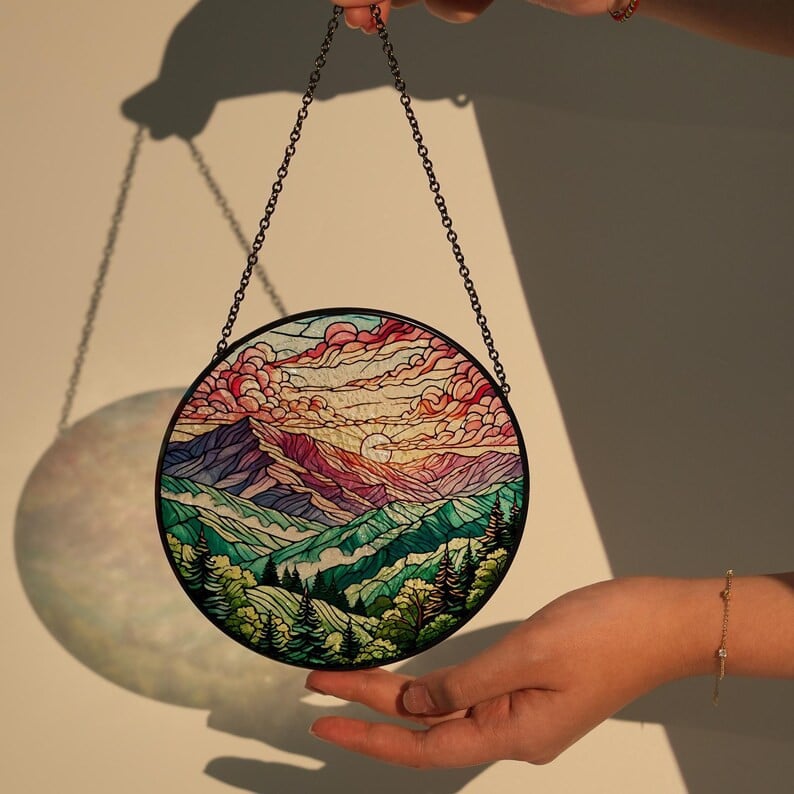 Smoky Mountain Glass Window Decor, Mountain Landscape Suncatcher, Mountain Scenery, Mountain Home Decor, Housewarming Gift, Mountain Lover