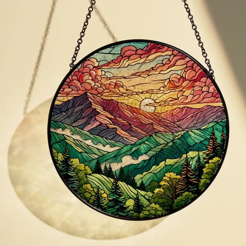 Smoky Mountain Glass Window Decor, Mountain Landscape Suncatcher, Mountain Scenery, Mountain Home Decor, Housewarming Gift, Mountain Lover