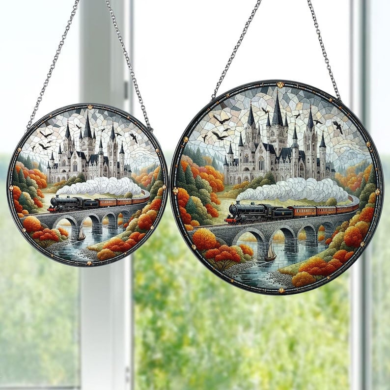 Castle Steam Train GLASS Hanging, Wizard school landscape, Autumn vibes, Fantasy school glass suncatcher, Dark academia, gift for her