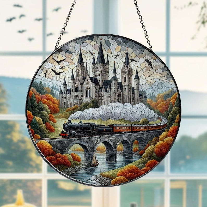 Castle Steam Train GLASS Hanging, Wizard school landscape, Autumn vibes, Fantasy school glass suncatcher, Dark academia, gift for her
