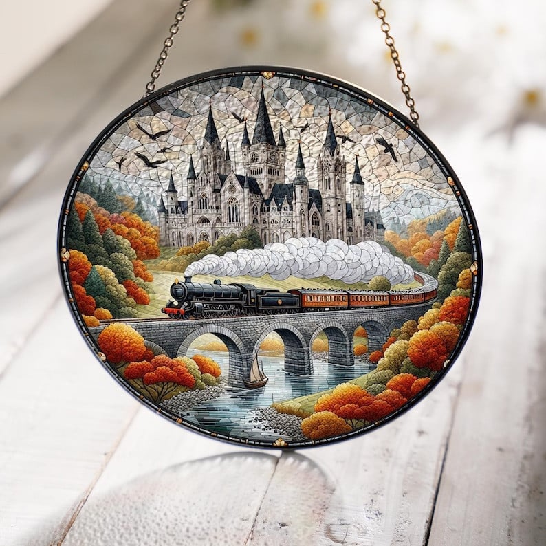 Castle Steam Train GLASS Hanging, Wizard school landscape, Autumn vibes, Fantasy school glass suncatcher, Dark academia, gift for her