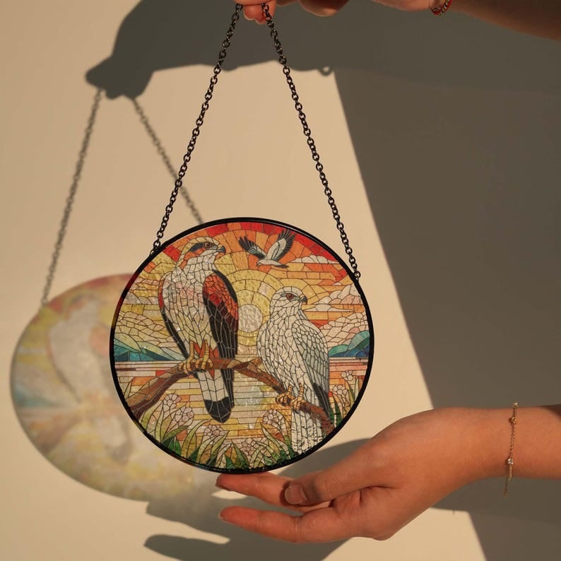 Red Tailed Hawk couple on branch GLASS Hanging, Bird Nerd, Sunset landscape, Bird Suncatcher Decor, Red Tailed Hawk Decor, bird feeder