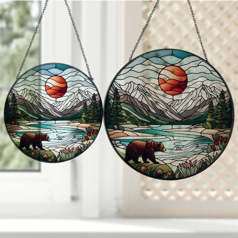 Bearlandscape GLASS Hanging, Mountain Landscape, Bear Glass, Sunset Suncatcher hanging, Home decoration, Bear lover gift, gift for him