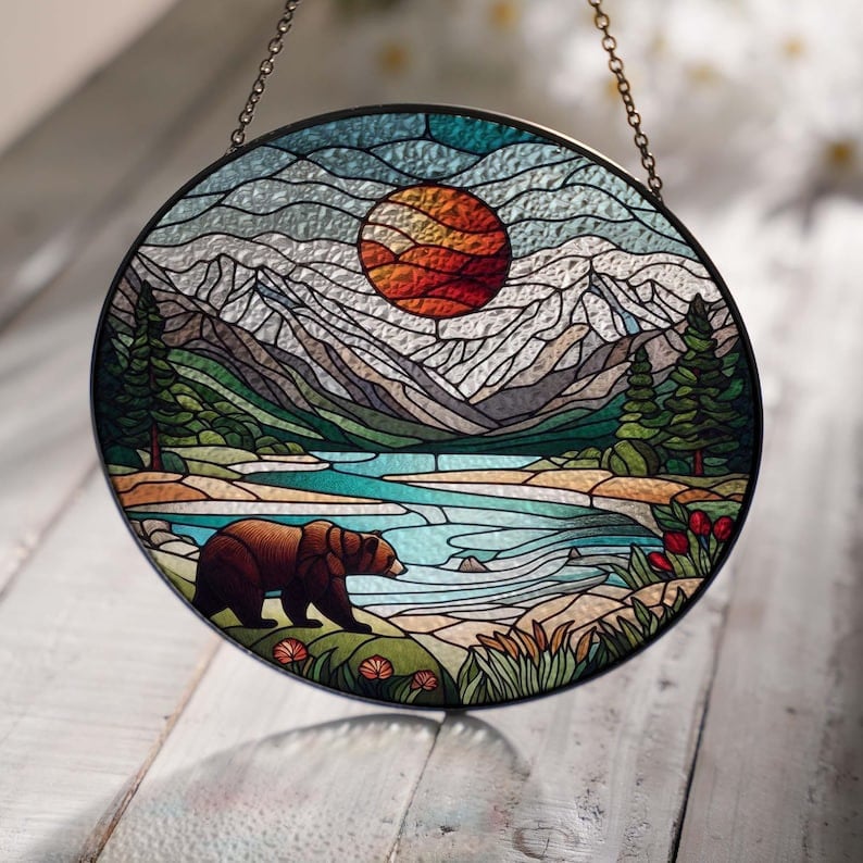 Bearlandscape GLASS Hanging, Mountain Landscape, Bear Glass, Sunset Suncatcher hanging, Home decoration, Bear lover gift, gift for him