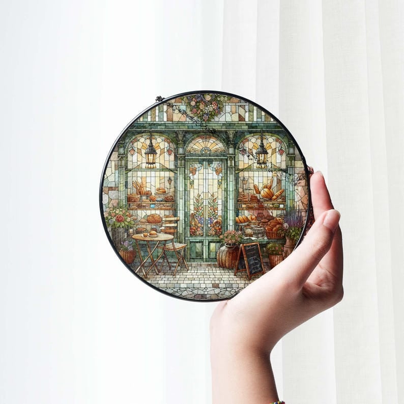 Bakery shop front view GLASS Window Hanging, bakery shop corner Window hanging, Landscape suncatcher, Bakery shop owner gift,