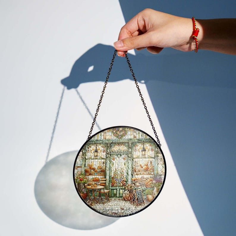 Bakery shop front view GLASS Window Hanging, bakery shop corner Window hanging, Landscape suncatcher, Bakery shop owner gift,