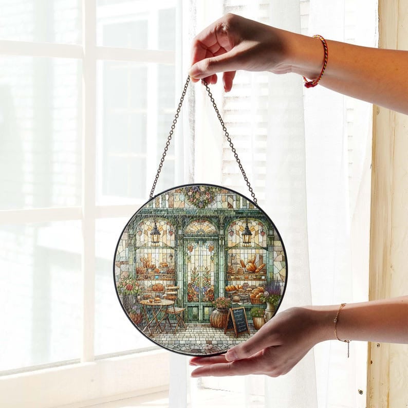 Bakery shop front view GLASS Window Hanging, bakery shop corner Window hanging, Landscape suncatcher, Bakery shop owner gift,