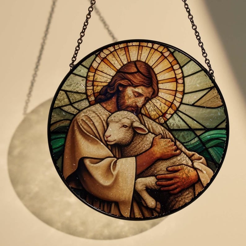 Jesus and Lamb landscape GLASS Hanging, Jesus Christ, Lamb of God hanging, Jesus Suncatcher hanging, Jesus decor , Suncatcher gift