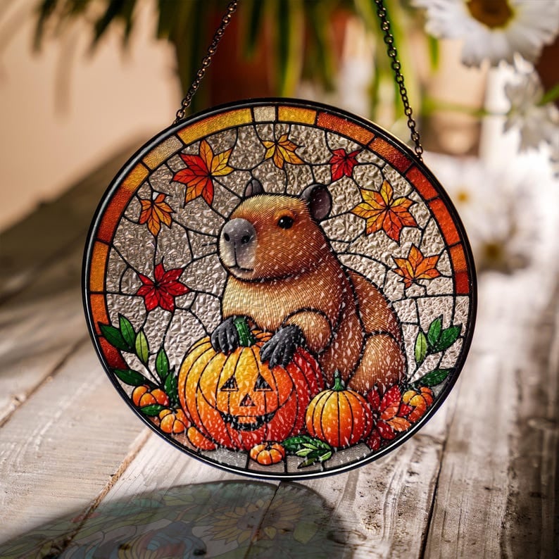Capybara Autumn Glass Hanging, Capybara Decor, Be Capy, Home Decor, Capybara Suncatcher Decor, Fall Vibes, Gift For Her, Thanksgiving Gift
