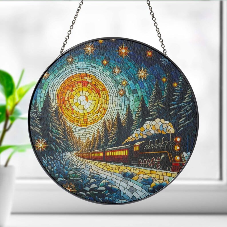Christmas Train Forest Glass Hanging, Forest Moody Landscape, Winter Landscape Suncatcher, Christmas Holiday Gift, Christmas Train