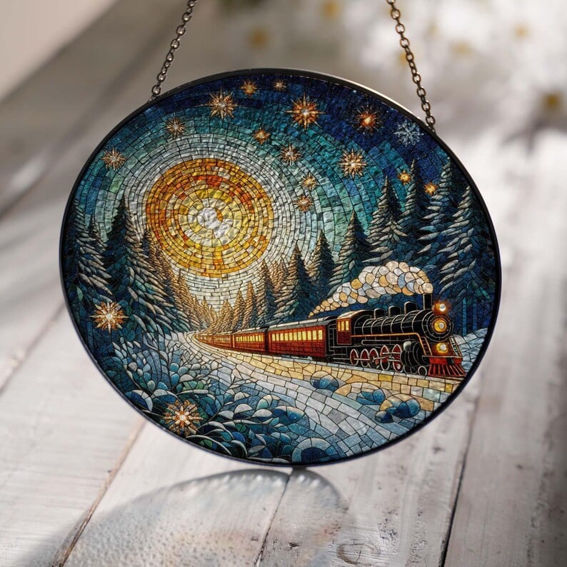 Christmas Train Forest Glass Hanging, Forest Moody Landscape, Winter Landscape Suncatcher, Christmas Holiday Gift, Christmas Train