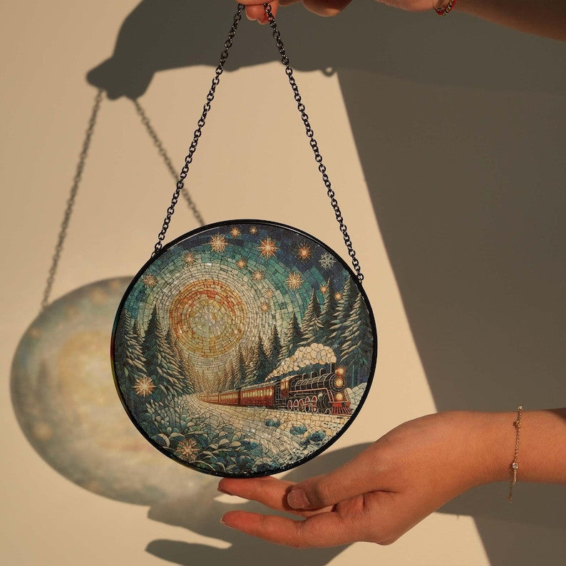 Christmas Train Forest Glass Hanging, Forest Moody Landscape, Winter Landscape Suncatcher, Christmas Holiday Gift, Christmas Train