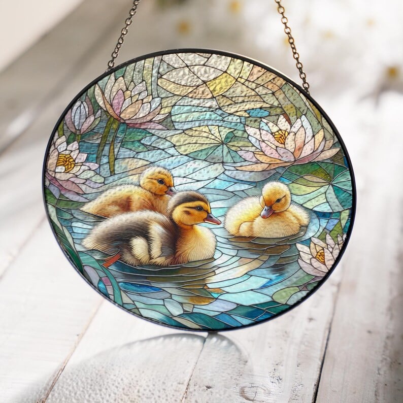 Baby Ducklings N Lily Pad Glass Hanging, Baby Duck Glass, Nature Landscape, Spring Vibes, Farmhouse Decor, Duck Suncatcher
