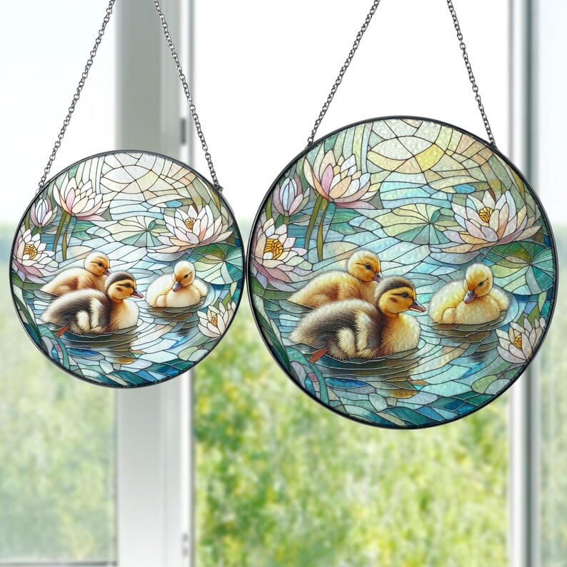 Baby Ducklings N Lily Pad Glass Hanging, Baby Duck Glass, Nature Landscape, Spring Vibes, Farmhouse Decor, Duck Suncatcher