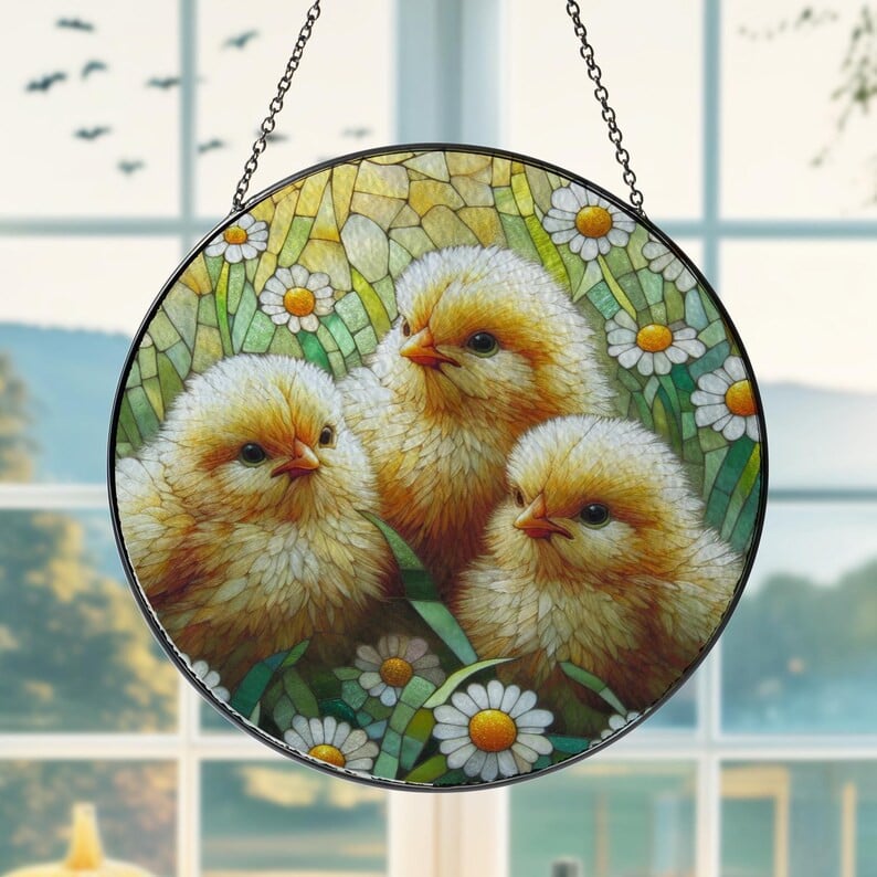Baby Chicks N Wildflower Fields Glass Hanging, Chicks Glass, Nature Landscape, Spring Vibes, Farmhouse Decor, Chick Suncatcher