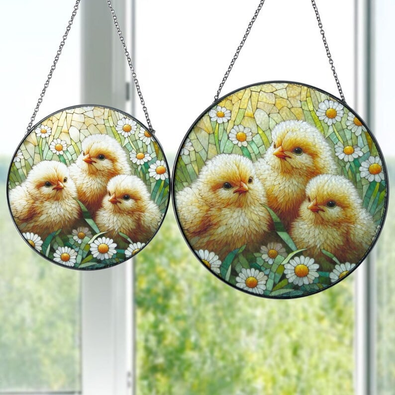 Baby Chicks N Wildflower Fields Glass Hanging, Chicks Glass, Nature Landscape, Spring Vibes, Farmhouse Decor, Chick Suncatcher