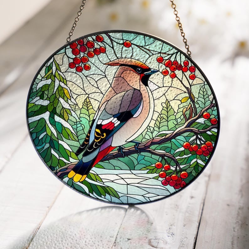 Bohemian Waxwing Bird Perched On Red Berries Branch Glass Hanging, Winter Landscape, Bohemian Waxwing Suncatcher, Bird Watching Gift