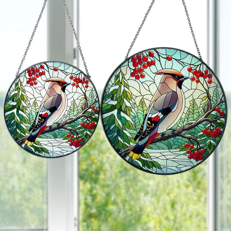 Bohemian Waxwing Bird Perched On Red Berries Branch Glass Hanging, Winter Landscape, Bohemian Waxwing Suncatcher, Bird Watching Gift
