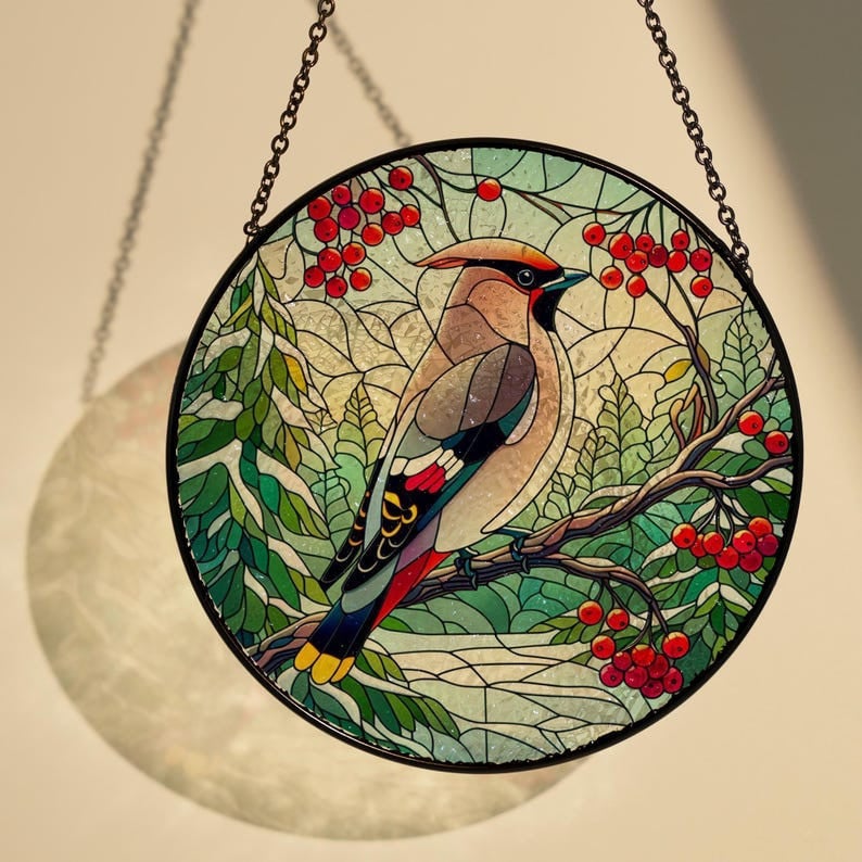 Bohemian Waxwing Bird Perched On Red Berries Branch Glass Hanging, Winter Landscape, Bohemian Waxwing Suncatcher, Bird Watching Gift