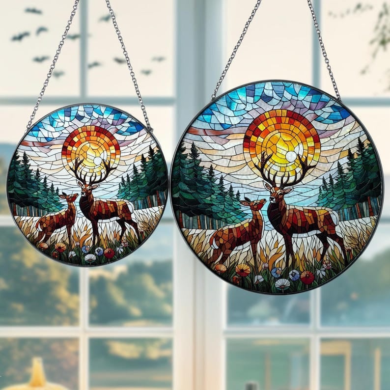 Deer Couple Sunset Landscape Glass Suncatcher Hanging, Deer Decor, Mountain Range Glass, Sunset Suncatcher, Couple Gift, Deer Hunting