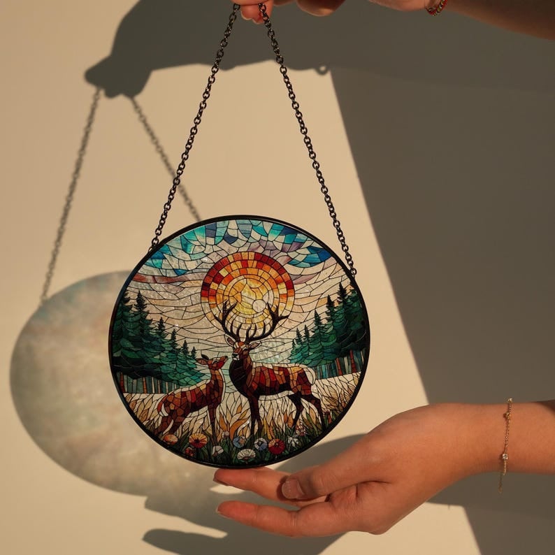Deer Couple Sunset Landscape Glass Suncatcher Hanging, Deer Decor, Mountain Range Glass, Sunset Suncatcher, Couple Gift, Deer Hunting