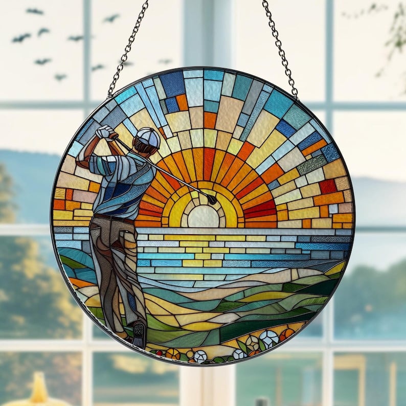 Glass Sunset Golfing Suncatcher Window Hanging, Golf Hanging, Perfect Gift For Dad, Golf Lovers Gift, Sunset Landscape, Home Decor