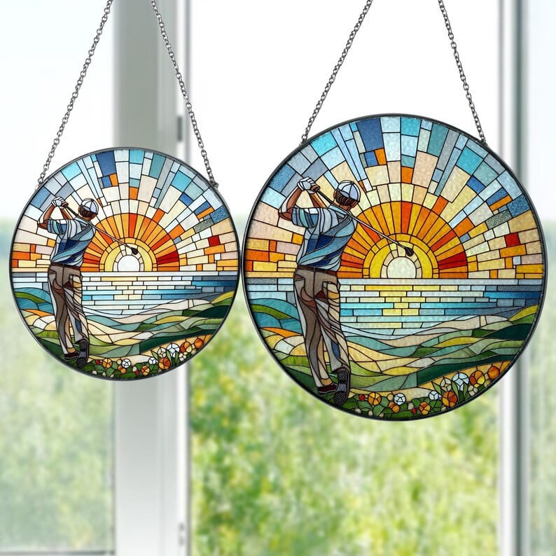 Glass Sunset Golfing Suncatcher Window Hanging, Golf Hanging, Perfect Gift For Dad, Golf Lovers Gift, Sunset Landscape, Home Decor