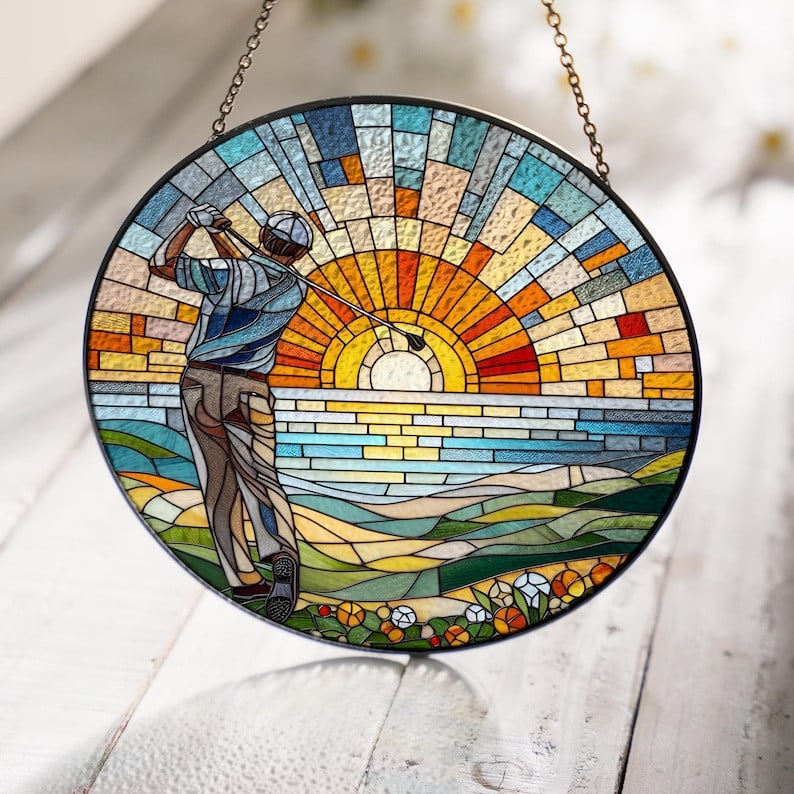 Glass Sunset Golfing Suncatcher Window Hanging, Golf Hanging, Perfect Gift For Dad, Golf Lovers Gift, Sunset Landscape, Home Decor