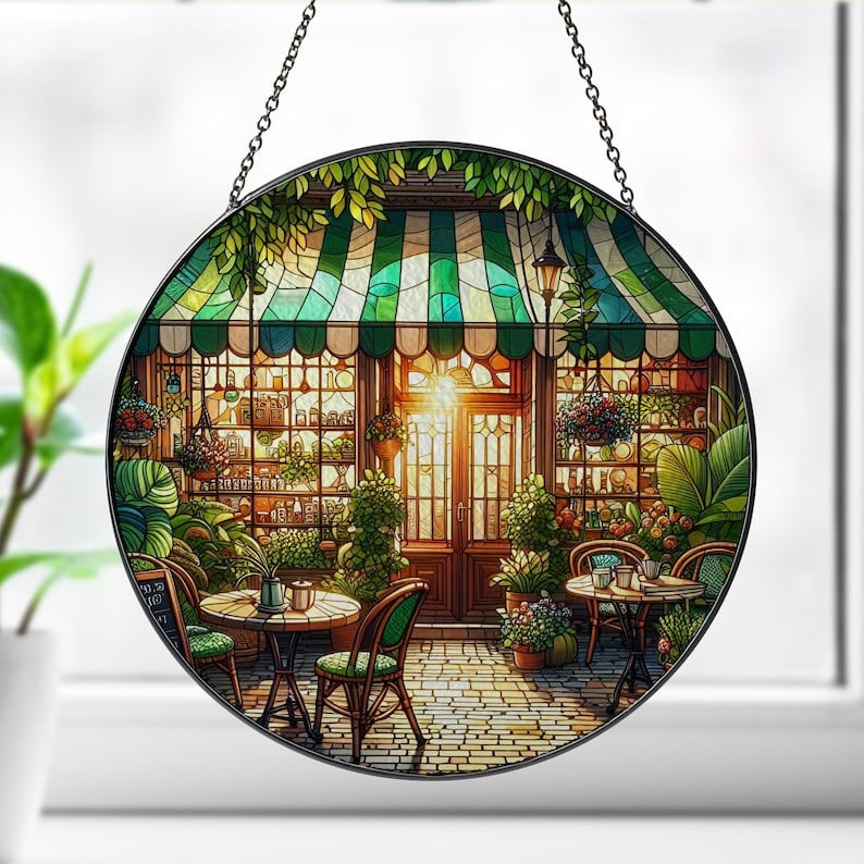 Cafe Shop Front View Glass Window Hanging, Coffee Shop Corner Window Hanging, Landscape Suncatcher, Cafe Shop Owner Gift,