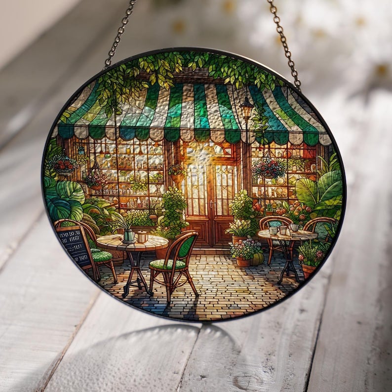 Cafe Shop Front View Glass Window Hanging, Coffee Shop Corner Window Hanging, Landscape Suncatcher, Cafe Shop Owner Gift,