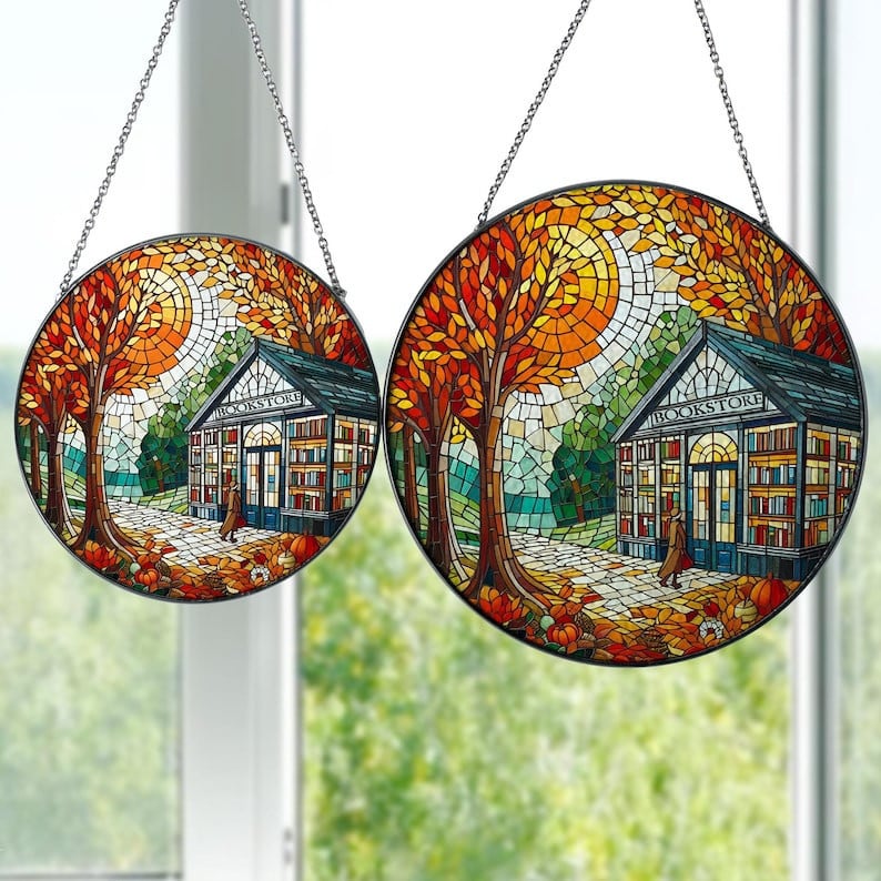 Bookstore Front View Autumn Landscape Glass Window Hanging, Library Window Hanging, Bookshelf Suncatcher, Bookstore Decor, Book Lover Gift