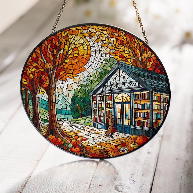 Bookstore Front View Autumn Landscape Glass Window Hanging, Library Window Hanging, Bookshelf Suncatcher, Bookstore Decor, Book Lover Gift