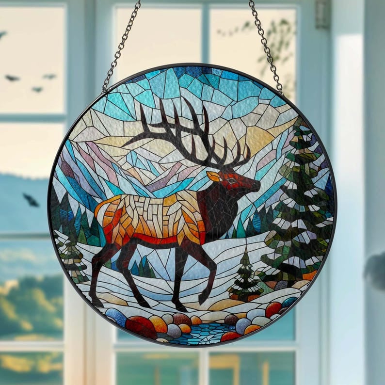 Elk On Christmas Mountain Glass Suncatcher Hanging, Elk Decor, Mountain Range Glass, Elk Lover Gift, Nature Landscape, Christmas Gift