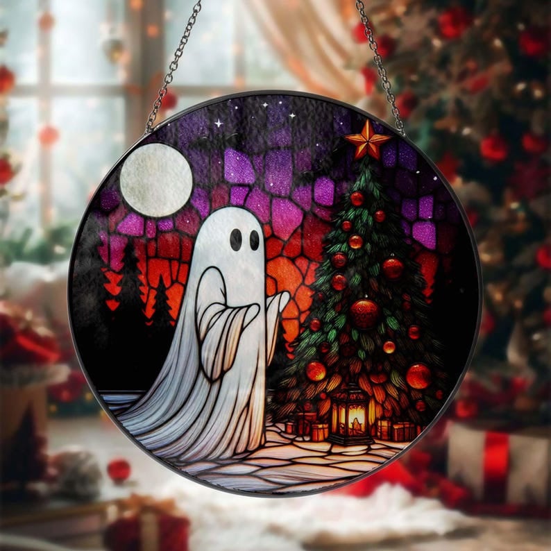 Spooky Ghost Christmas Glass Window Hanging, Ghost Suncatcher Hanging, Christmas Ornament, Christmas Landscape, Housewarming Gift