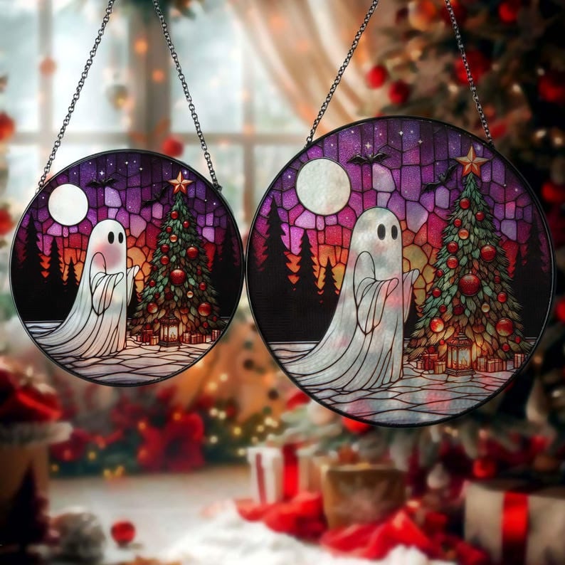Spooky Ghost Christmas Glass Window Hanging, Ghost Suncatcher Hanging, Christmas Ornament, Christmas Landscape, Housewarming Gift